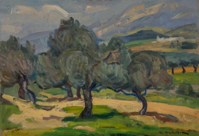 Olive Trees in Attica — Oil painting, Fiberboard, 36.00×51.00cm — Theodoros Markellos